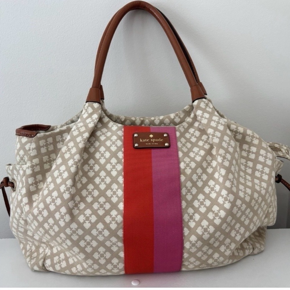 kate spade New York Beige Canvas Tote baby bag with Red and Pink Stripe